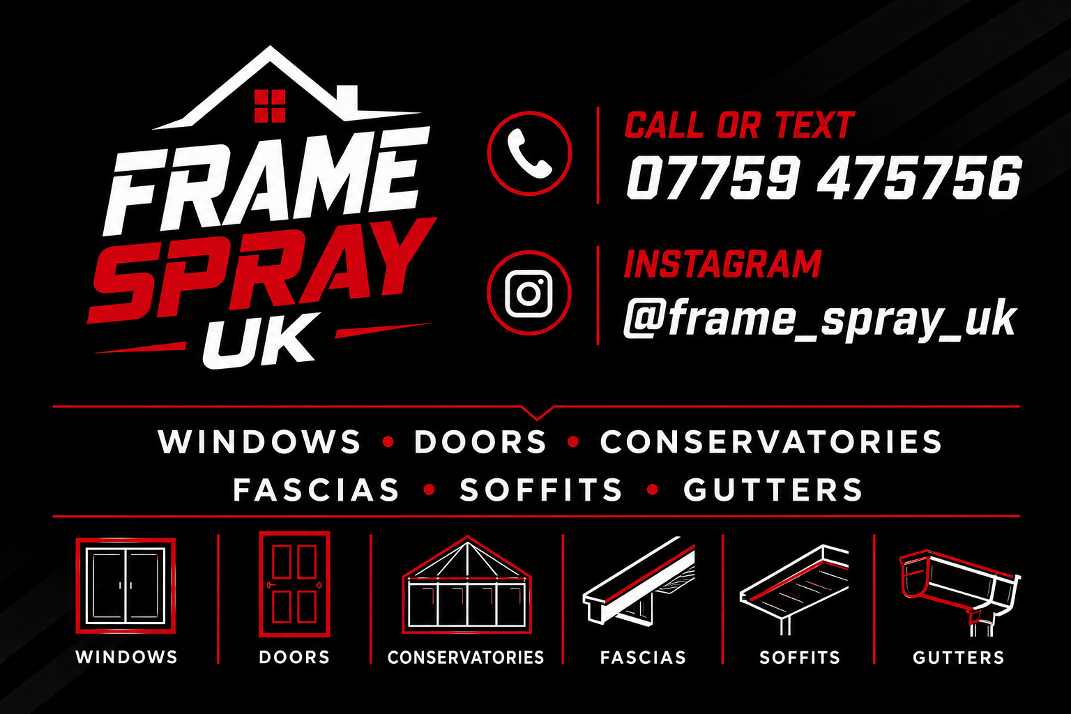 Frame Spray UK contact card listing windows, doors, conservatories, fascias, soffits and gutters